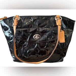 COACH Turn Key Signature Embossed Black Patent Leather Tote Bag